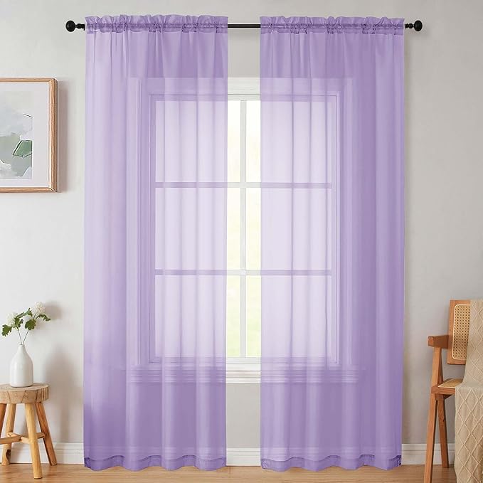 Sheer Lavender Curtains for Bedroom Living Room 90 Inches Long 2 Panels Set, Soft Airy Light Filtering Sheer Window Treatments, Modern Rod Pocket Curtains Drapes, Each 42" Wx90 L Inch