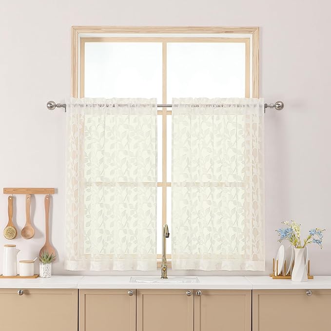 Chyhomenyc Ivory Sheer Curtains 36 Inch Length, Light Filtering Leaf Tufted Textured Small Window Kitchen Curtain Over Sink, Short Half Window Curtains for Bathroom Basement, 30" Wx36 L, 2 Panels