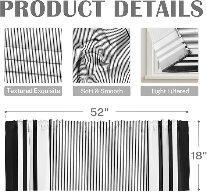 Emvency 2 Pack Valances Window Treatments, Striped Geometric Minimalist Black White Modern Drapes Adjustable Curtain for Windows Living Room Kitchen Over Sink, 52x18 Inch Rod Pocket Valances