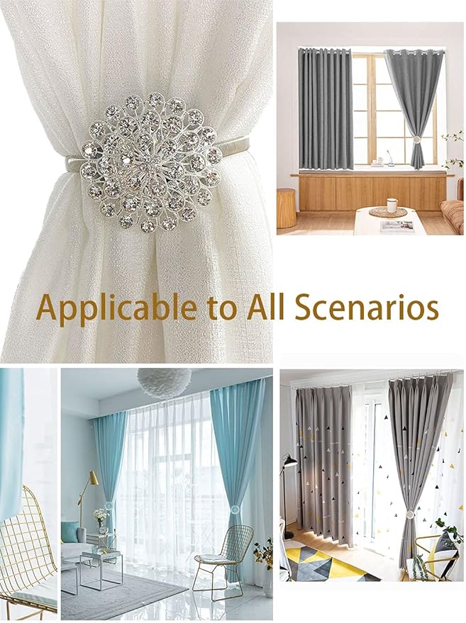 Magnetic Tiebacks for Curtains, 2 Pack Sparkling Crystal Flower Curtain Tiebacks Curtain Buckle Clips with High-Elastic Spring Wire for Home Office Decoration (Yellow & White)