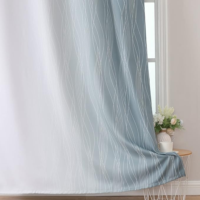 Estelar Textiler Stone Blue and Greyish White Blackout Curtains & Drapes for Bedroom, Thermal Insulated Ombre Blackout Drapes, Room Darkening Energy Saving Curtains for Living Room, 42Wx63L, 2 Panels
