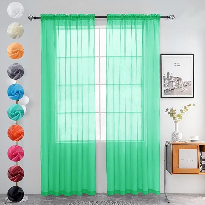 youleyar Solid Sheer Rod Pocket Curtain Voile Draperies 2 Panels White Beige Black Grey Ivory 52 Inch Width 96 Inch Long 1 Pair for Kitchen Bedroom Children Living Room Yard (Grass Green,52Wｘ96L)