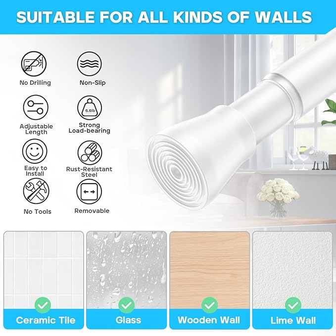 AIZESI Spring Tension Rods Adjustable Tension Curtain Rod Small Tension Rod No Drilling Expandable Spring Loaded Curtain Tension Rod?White,45" to 77"-2Pcs)