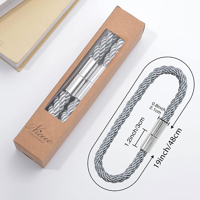 NICEEC 2 Pack Strong Magnetic Curtain Tiebacks Modern Simple Style Drape Tie Backs Convenient Decorative Weave Rope Curtain Holdbacks for Thin or Thick Home & Office Window Draperies (Dark Grey)