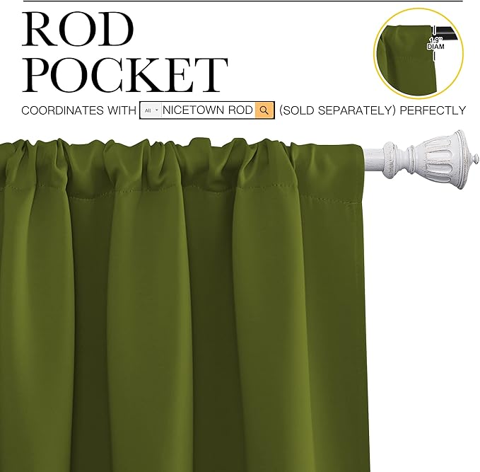 NICETOWN Blackout Christmas Curtains for Living Curtains, Bedroom Draperies with Rod Pocket, Nursery Essential Thermal Insulated Blackout Panels for Small Window (Olive Green, 1 Pair, 34 x 72)