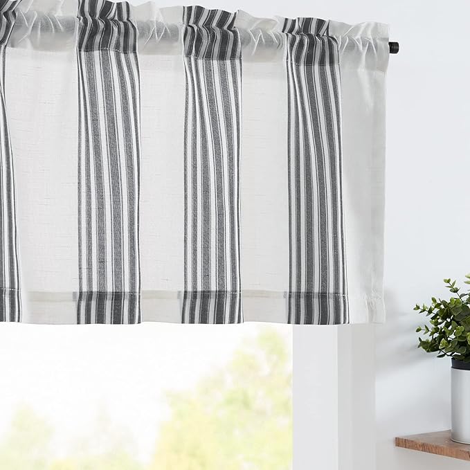 jinchan Striped Linen Valance Curtain 16 Inch Vertical Striped Valance for Kitchen Bathroom Light Filtering Window Treatment Rod Pocket Farmhouse Rustic Semi Sheer Short Window Curtain 1 Panel Black