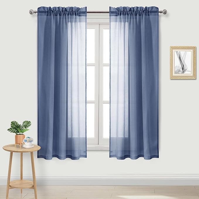 DWCN Sheer Curtains Semi Transparent Voile Rod Pocket Curtains for Bedroom and Living Room, Dusty Blue, 42 x 63 inches Long, Set of 2 Panels