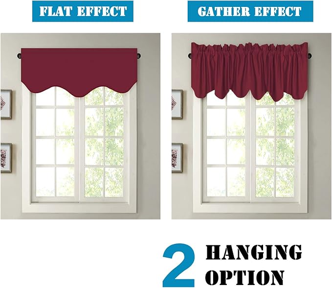 H.VERSAILTEX 2 Panels Christmas Blackout Curtain Valances for Kitchen Windows/Living Room/Bathroom Privacy Protection Rod Pocket Scalloped Window Valance Curtains, 52" W x 18" L, Burgundy