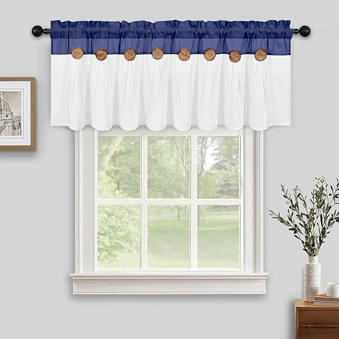 FRAMICS Farmhouse Valance Curtains, Boho Cotton Linen Kitchen Valances, Navy Blue Rustic Button Window Valance for Kitchen Bathroom Bedroom, Country Rod Pocket Valances for Windows, 52 x 18 Inch