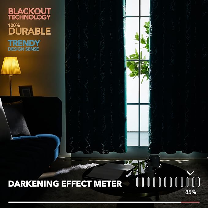 Deconovo Blackout Curtains, Thermal Insulated Soundproof Drapes with Tree Foil Print, 52 x 84 Inch, Set of 2, Machine Washable Window Curtain for Bedroom Living Room Nursery Kitchen Office, Turquoise