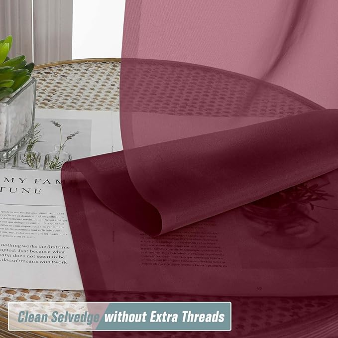 Burgundy Small Sheer Curtains 2 Panels Set, Kitchen Curtains 36 Inch Length, Elegant Light Filtering Short Window Drapes for Living Room Bedroom, Dual Rod Pocket Design, 2x42Wx36L Inches