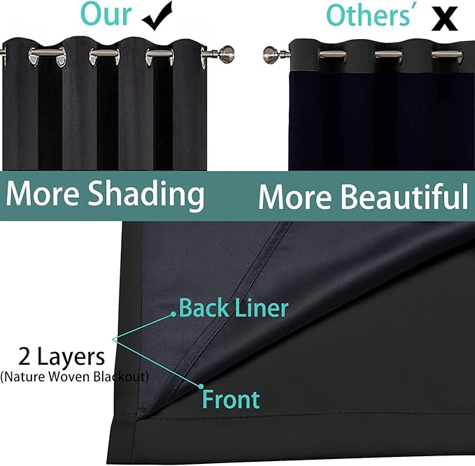 Yakamok 100% Blackout Lined Pair Curtains for Bedroom, Window Treatment Thermal Insulated Noise Blocking Drapes for Living Room(42Wx63L,Black, 2 Panels)