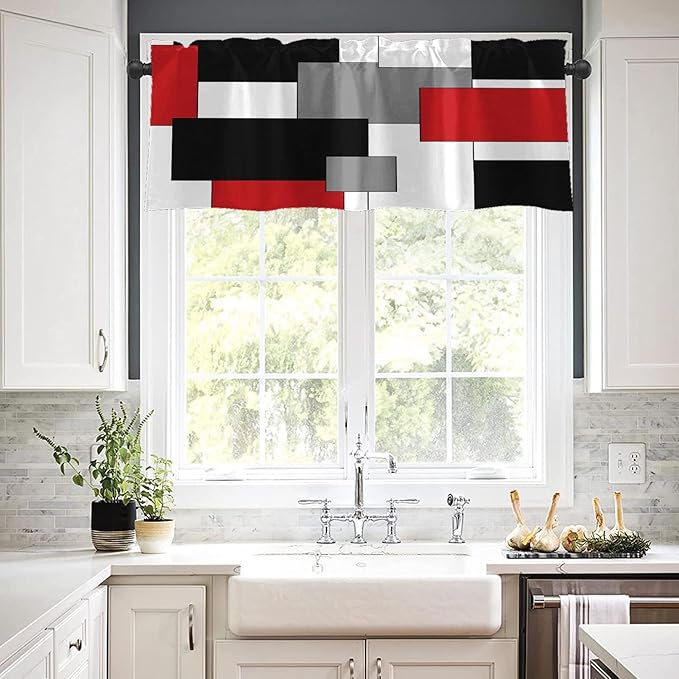 Emvency 4 Pack Valances Window Treatments, Red and Black Geometry Abstract Modern Art Blackout White Adjustable for Living Room Bathroom Kitchen Over Sink, 52x18 Inch Rod Pocket Valances