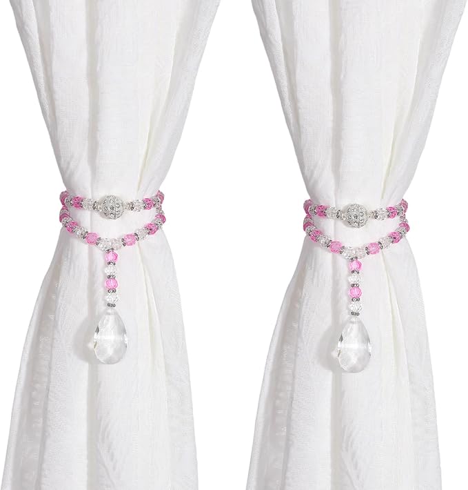 SUQ I OME 1 Pair of Luxury Crystal Beaded Magnetic Curtain Tieback and Holdback Curtain Clips Curtain Buckle Curtain Holder Blingbling Curtain Holdbacks for Drapes,Bright Pink