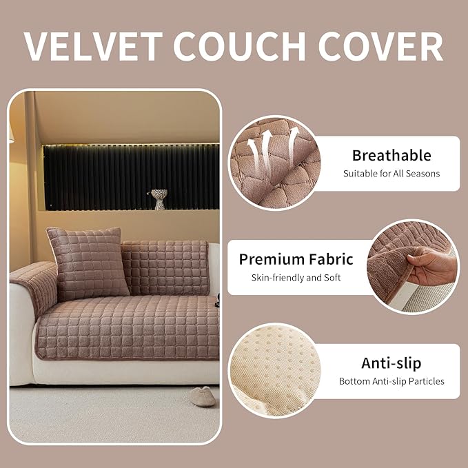 Velvet Couch Cover, Plush Sectional Sofa Cover Washable, Anti Slip Sofa Slipcover for 3-4 Cushions Sofas, Furniture Protector Covers for Pets & Kids(1PC, Dark Brown, 35.4"×82.6", 3-4 Seater)