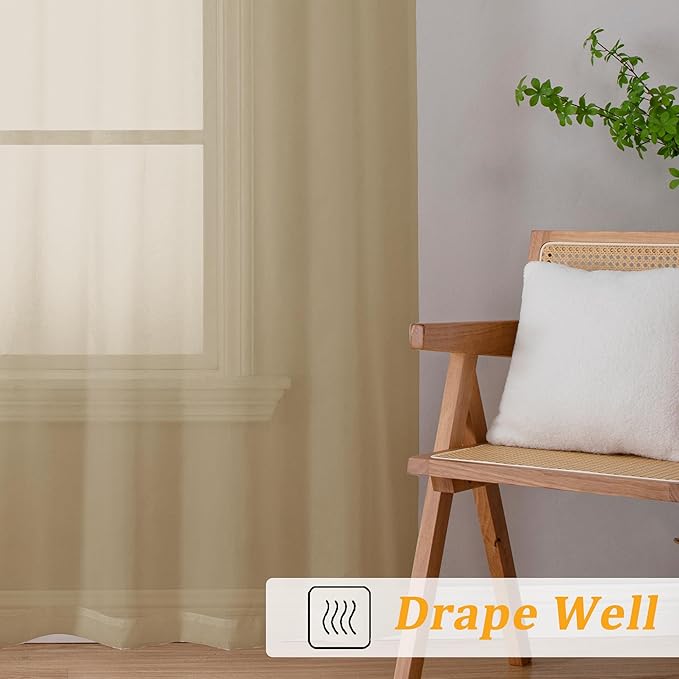 Gwine Taupe Sheer Curtains for Bedroom 54 inches Long 2 Panels, Light Filtering Voile Rod Pocket Curtains, Airy Transparent Sheer Drapes for Living Room, Each 42" Wx54 L