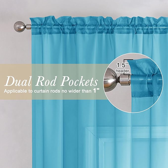 Lecloud Turquoise Sheer Curtains 54 Inch Length 2 Panels, Light Filtering Voile Curtain Drapes for Kitchen Bedroom Small Windows, Dual Rod Pocket Living Room Sheer Curtains, 40 W x 54 L Inches