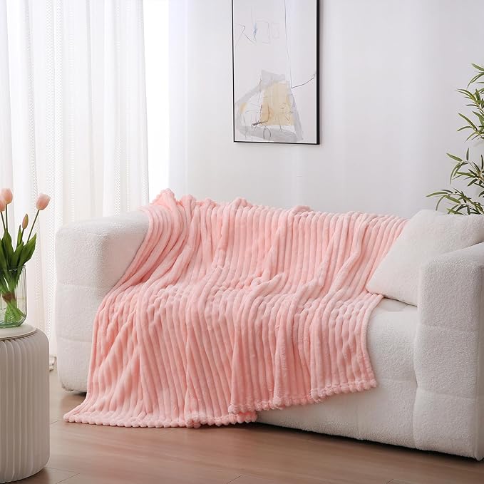 Light Pink Fleece Throw Blanket 60”×80” for Couch Sofa Bed,Super Soft Cozy Plush Microfiber Flannel Blanket with Stripes Design Lightweight for Adults,Woman,Girls