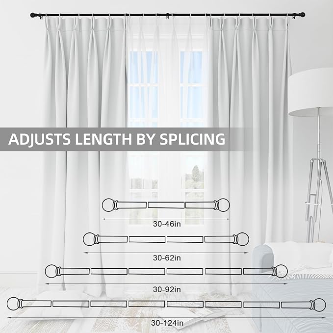 Thestoa 2 pack Black Curtain Rods for Windows 48 to 92 inch, Adjusts Length by Splicing, 5/8" Diameter Matte Black Small Curtain Rods for Bedroom, Living Room, Kitchen, Outdoor, Farmhouse