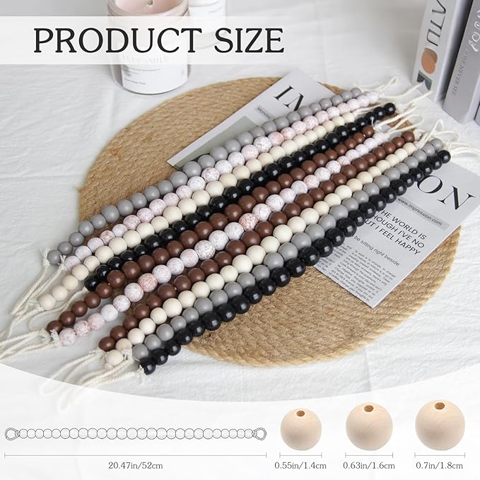 Hion 6 Pcs Boho Curtain Tiebacks,Wood Beads Curtain Holdbacks,Outdoor Farmhouse Tie Backs for Curtains,Curtain Holders for Drapes Home Office Room Decor with Hooks No Drilling(Wood Color)