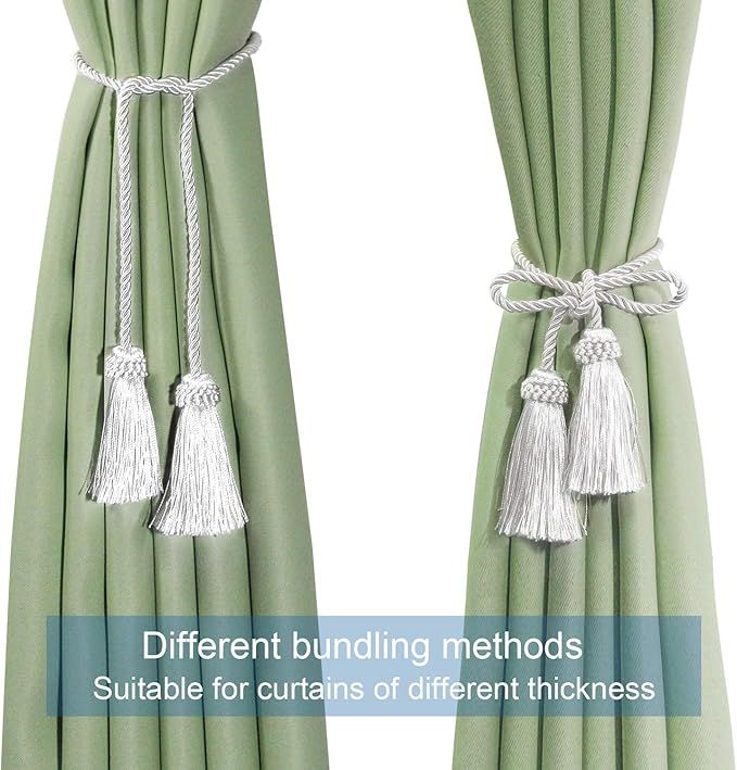 Fenghuangwu Curtain Tiebacks Handmade Decorative Curtain Holdbacks Rope with Tassel (White, 4P)