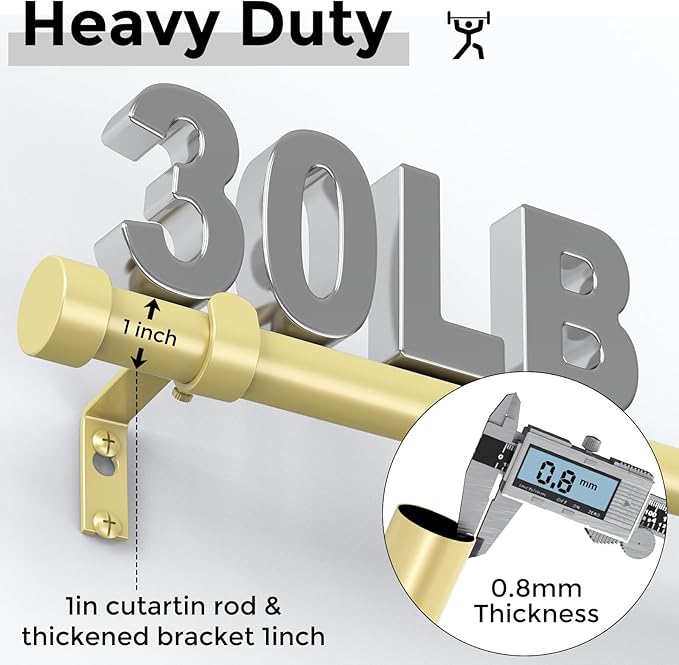 VOIIY Gold Curtain Rods for Windows 18 to 42 Inch(1.5-3.5 Feet),1" Diameter Drapery Rods with Modern Style End Cap Finials,Size:18-42 Inch, Brass
