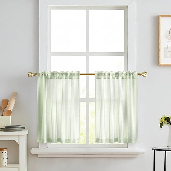 RYB HOME Sage Green Linen Kitchen Cafe Curtains 24 inch Length, Farmhouse Striped Tier Curtains for Living Room Bathroom Tickingstripe Short Window Rustic Pinstripe Valances, W26 x L24, 2 Panels