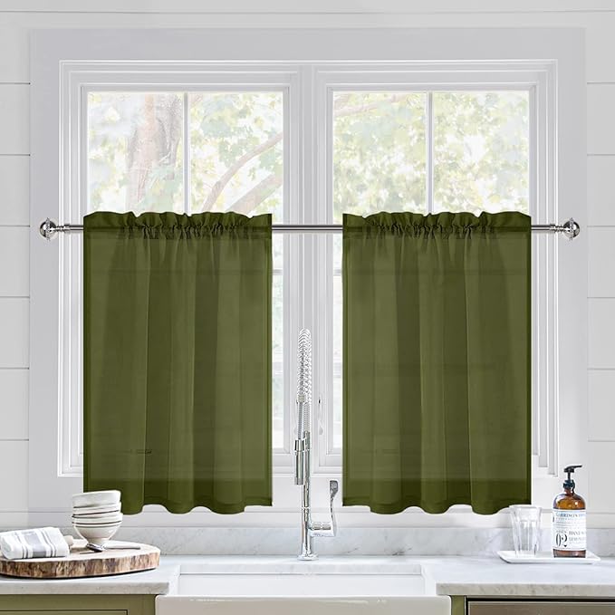 DWCN Olive Green Sheer Curtains for Kitchen Windows - Rod Pocket Semi Transparent Voile Tier Curtains for Bedroom, Living Room, Farmhouse, 36 x 36 inches Long, Set of 2 Panels
