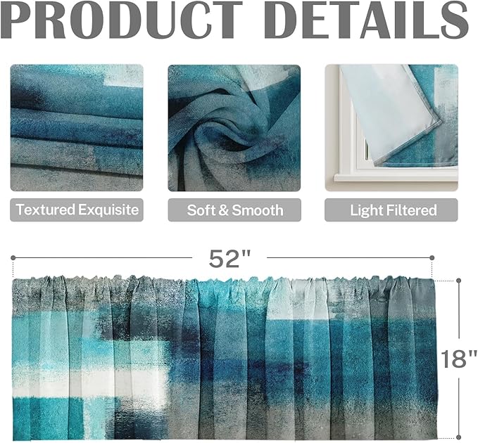 Emvency 4 Pack Valances Window Treatments, Turquoise Abstract Modern Art Blackout Adjustable for Living Room Bathroom Bedroom Kitchen Over Sink, 52x18 Inch Rod Pocket Valances
