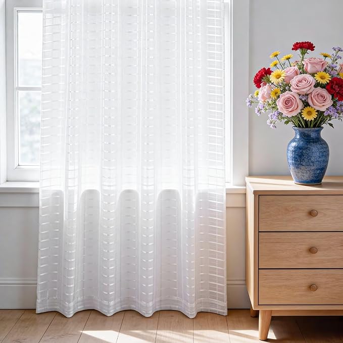 SpaceDresser Check Sheer Curtains 96 Inches Long for Living Room, Rod Pocket Plaid Semi Sheer Drapes for Kitchen Bedroom（White, 52W x 96L）