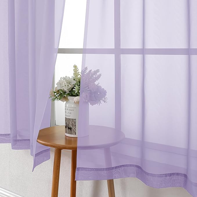 Lecloud Light Filtering Lavender Sheer Curtains 63 Inch Length 2 Panels, Solid Kitchen/Living Room/Bedroom Voile Light Purple Curtain, Dual Rod Pockets Window Short Gauzy Drapes, 40x63 Inches