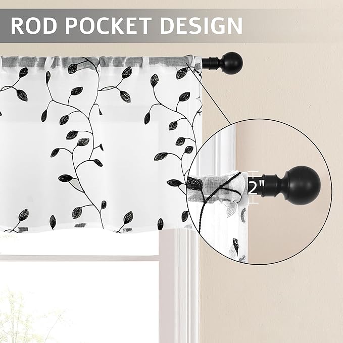 MRTREES Sheer Curtain Valance Rod Pocket, Voile Leaves Embroidered Christmas Valance for Windows, Small Kitchen Curtain Topper Valance for Bedroom/Basement/Kitchen(1 Panels, 54"x16", Black Leaves)