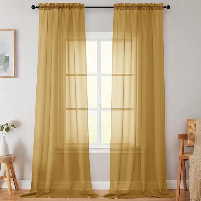 Extra Long Sheer Gold Curtains for Bedroom Living Room 120 Inches Long 2 Panels Set, Solid Soft Light Filtering Rod Pocket Sheer Window Curtains, Gold, Each 42" Wx120 L Inch