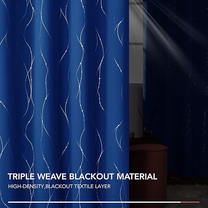 Deconovo Blackout Curtains, 38 x 90 Inch Drapes for Sliding Door with Wave Dot Silver Print, Soundproof Thermal Insulated Window Curtain for Bedroom Living Room, Set of 2, Machine Washable, Royal Blue