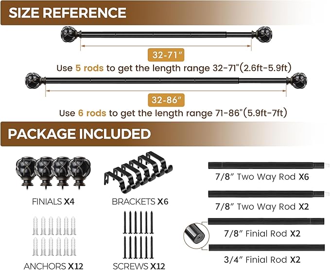 KAMANINA 2 Pack Curtain Rods for Windows 48 to 84 Inch, Black Heavy Duty Curtain Rod Adjustable, 7/8 Inch Single Decorative Drapery Rods 32 to 86 Inch(2.6-7.1Ft), Netted Texture Finials