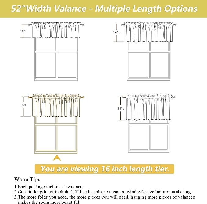 Valances for Windows, Light Filtering Faux Linen Textured Small Short Valance Curtains for Bathroom Basement Farmhouse, Rod Pocket Top Half Curtains for Windows, Linen 52Wx16L Inch