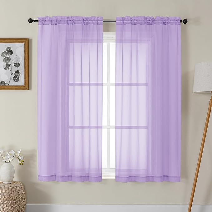 Gwine Lilac Sheer Curtains 63 Inch Length for Living Room 2 Panels, Light Filtering Rod Pocket Window Curtain Treatment for Bedroom, Voile Elegant Sheer Drapes，Each 42" Wx63 L, Lilac