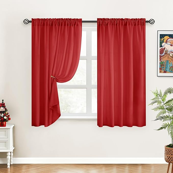 HOMEIDEAS Christmas Non-See-Through Red Privacy Sheer Curtains, 52 X 45 Inches Long 2 Panels Sheer Curtains Light Filtering Window Drapes for Bedroom Living Room