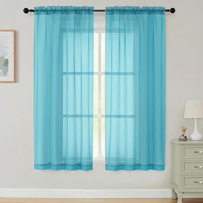 Sheer Curtains 63 Inch Length 2 Panels Set for Living Room Bedroom, Airy Soft Light Filtering Sheer Dining Room Curtains, Modern Rod Pocket Drapes, Aqua, Each 42" Wx63 L