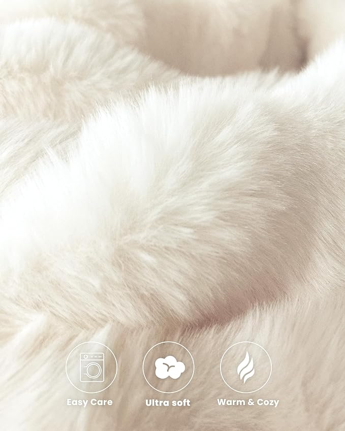 Ultra Soft Cozy Faux Fur Throw Blanket, Fuzzy Plush Thick Bubble Blanket, Luxury Fluffy Blanket for Couch, Sofa, Bedroom, and Living Room, 50x60 Inches, Cream White