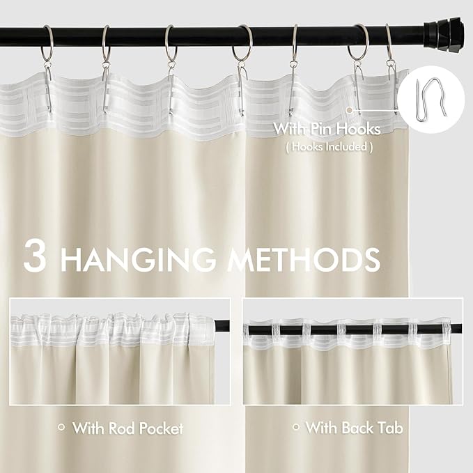 MIULEE Beige White Back Tab Blackout Curtains 108 Inch Long 2 Panels Set for Bedroom, Rod Pocket/Pinch Pleat Extra Long Thermal Insulated Living Room Darkening Pleated Light Blocking Drapes