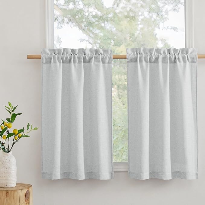 RYB HOME Bathroom Curtains Over Sink 36 inches Length, Linen Blend Semi Sheer Light Filtering Tiers for Camper Kithen Cafe, Small Curtains for Door Window, W 26 x L36, Dove Grey, 2 Panels Set