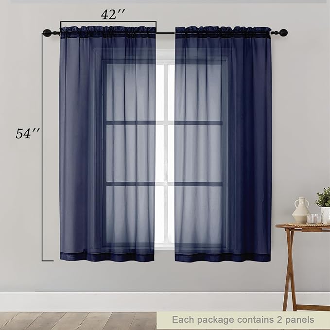 Sheer Navy Blue Curtains for Bedroom Living Room 54 Inch Length 2 Panels Set, Solid Soft Airy Light Filtering Window Treatments, Modern Rod Pocket Drapes, Navy Blue, 42" Wx54 L Inches