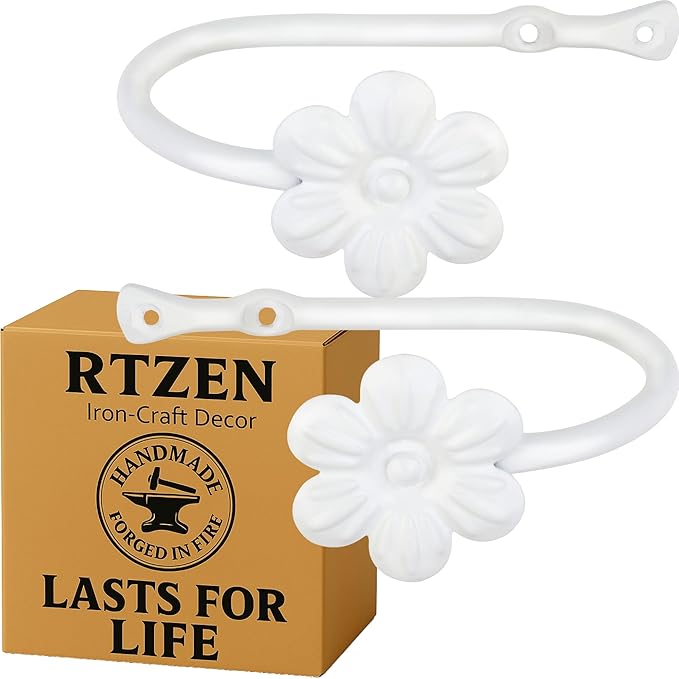 RTZEN Decorative Metal Curtain Tiebacks - Farmhouse Wrought Iron Curtain Holdbacks - Drapery Holders for Wall - Unique Metal Tie Backs for Curtains - 2 Pcs (White Flower)