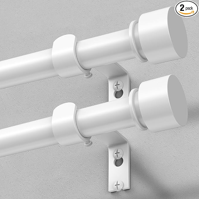 Modern White Curtain Rods 2 Pack for Windows 30 to 56 Inch, 1" Diameter Adjustable Heavy Duty Window Curtain Pole with Matte White End Cap Finials, Decorative Drapery Rods for Living Room, Bedroom