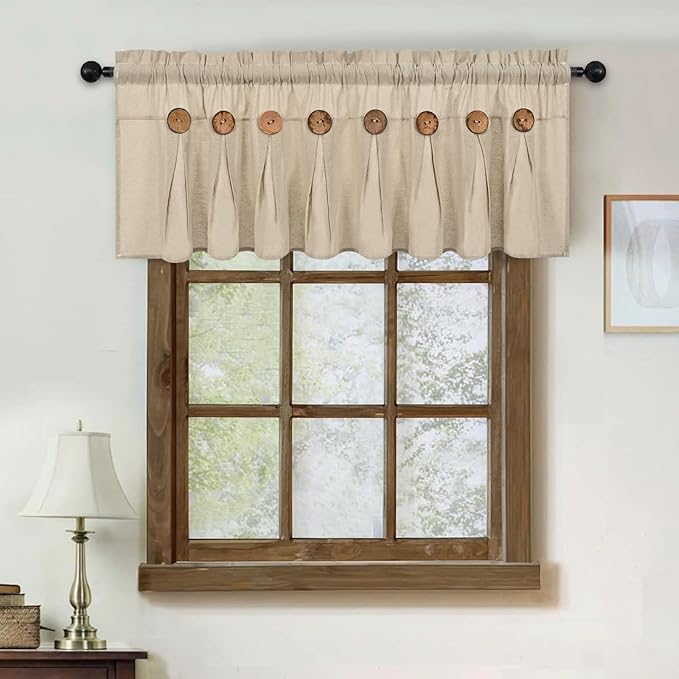 FRAMICS Farmhouse Valance Curtains, Boho Cotton Linen Kitchen Valance, Rustic Button Window Valances for Kitchen Bathroom Bedroom, Country Rod Pocket Valances for Windows, Linen Color, 52 x 18 Inch