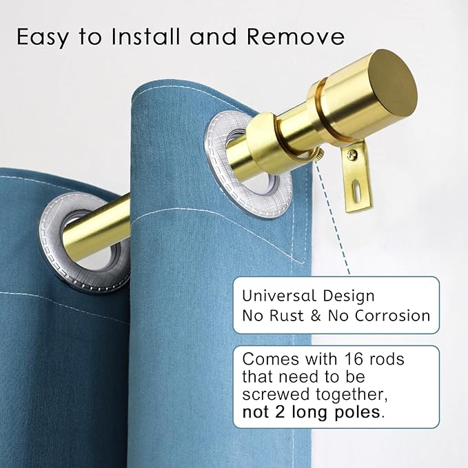 Byondeth Curtain Rods for Windows 16 to 240 Inches Adjustable Length 1 Inch Diameter Window Curtain Rod with Aluminium Finials, Gold