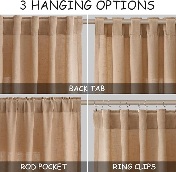 Nanspring Camel Linen Curtains for Living Room Extra Long 112 Inches Long Back Tab Light Filtering Semi Sheer Curtain Vintage Rustic Decor Floor to Ceiling High Window for Bedroom 52x112, 2 Panels
