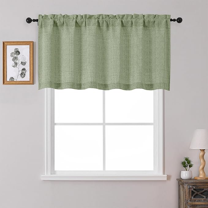 OWENIE Sage Green Valances for Windows 1 Pcs 24 Inch Length, Light Filtering Textured Short Small Valance Curtains for Bathroom Basement Living Room, Half Window Curtains Over Sink, 60" W by 24" L