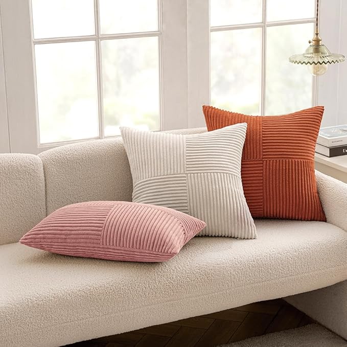MIULEE Beige Decorative Lumbar Throw Pillow Covers 12x20 Inch for Couch Bed Sofa Pack of 2 Boho Neutral Farmhouse Throw Pillows Soft Cross Corduroy Patchwork Textured Cushion Cases